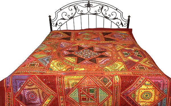 Multicolor Mandala Bedspread from Kutch with Embroidered Patches and Mirrors