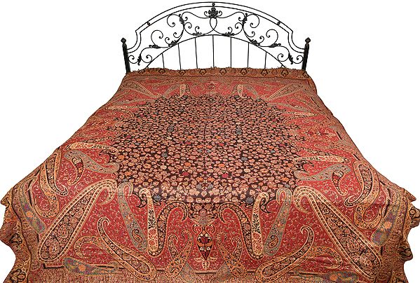 Red and Black Reversible Jamawar Bedspread with Woven Flowers and Paisleys
