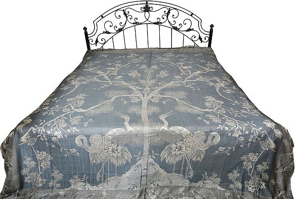 Monument-Gray Reversible Super-Silk Jamawar Bedspread with Woven Tree of Life
