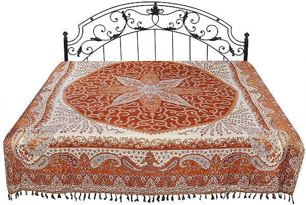 Ginger-Spice Reversible Jamawar Bedspread with Woven Paisleys