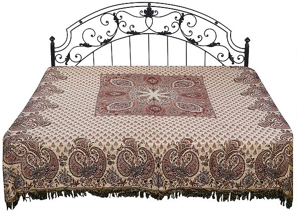 Reversible Jamawar Bedspread with Woven Bootis and Paisleys on Border