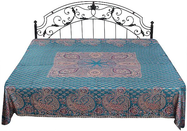 Reversible Jamawar Bedspread with Woven Bootis and Paisleys on Border