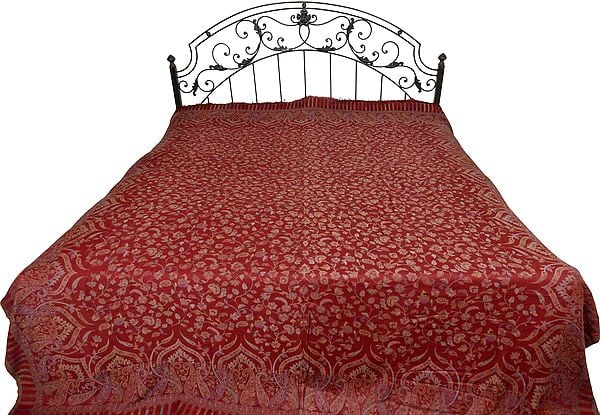 Maroon Jamawar Bedspread with Floral Kani Weave