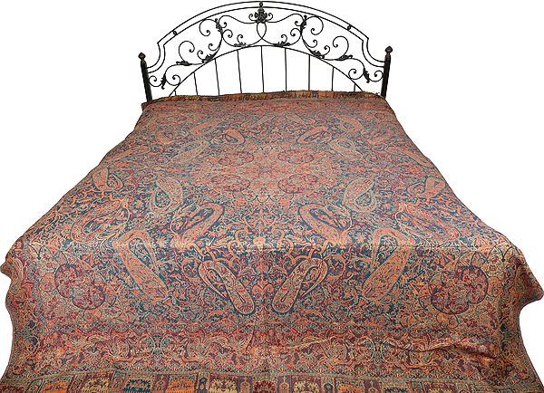 Lyons-Blue Reversible Jamawar Bedspread from Amritsar with Woven Paisleys