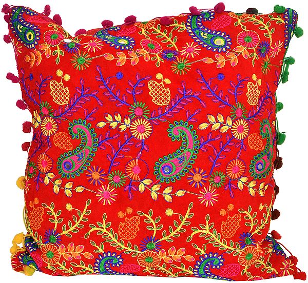 Chinese-Red Cushion Cover with Embroidered Paisleys and Mirrors
