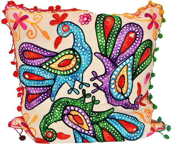 Cushion Cover with Ari-Embroidered Peacocks and Mirrors