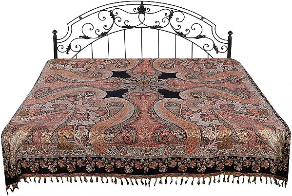 Reversible Jamawar Bedspread from Amritsar with Woven Paisleys