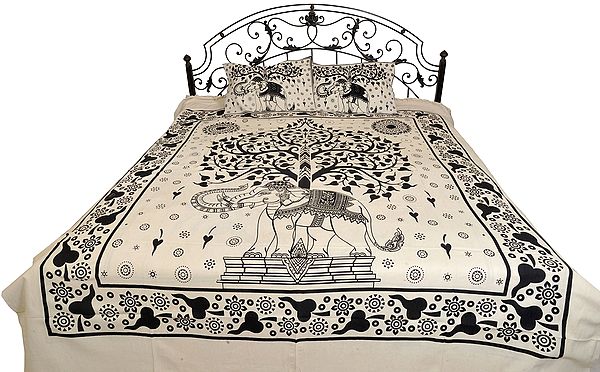 White and Black Bedsheet with Printed Tree of Life and Royal Elephant