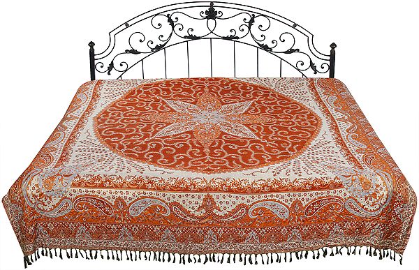 Autumn-Glaze Reversible Jamawar Bedspread from Amritsar with Woven Paisleys