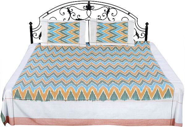 Ikat Handloom Bedspread from Pochampally with Zigzag Weave in Multicolor Thread