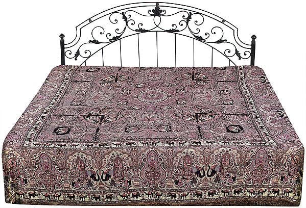 Rose-Bud Reversible Jamawar Bedspread from Amritsar with Woven Elephants and Village Folkss