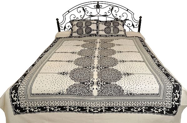 Off-White and Black Bedspread from Gujarat with Block-Printed Florals