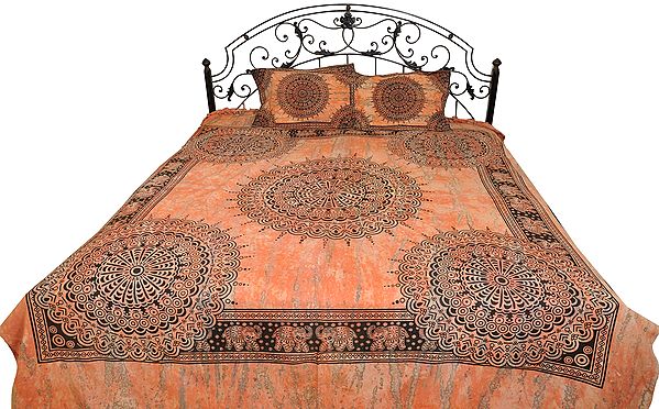 Coral-Reef Bedspread from Gujarat with Block-Printed Bootis and Elephants