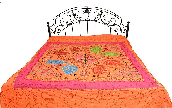Vermillion-Orange and Pink Gujarati Bedspread with Applique Elephants and Hand-Embroidery