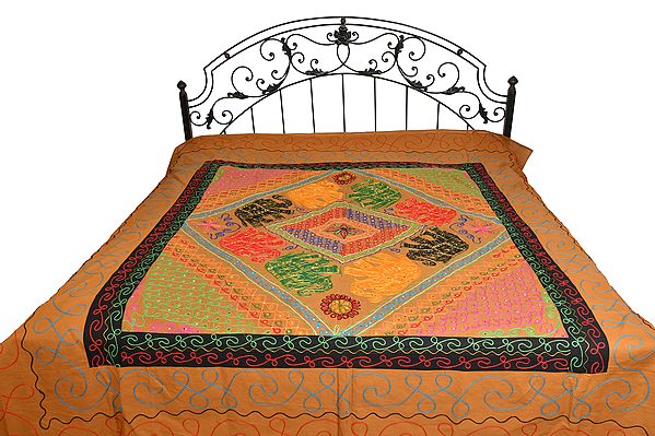 Bone-Brown Gujarati Bedspread with Appliqué Elephants and All-Over Embroidery