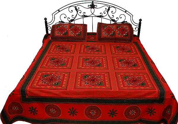 Bittersweet-Red Gujarati Bedspread with Floral-Embroidery and Mirrors