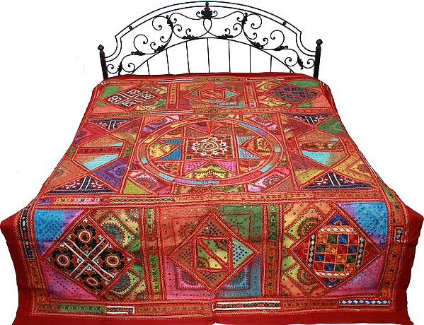 Mineral-Red Bedspread from Gujarat with Embroidery and Mirrors All Over