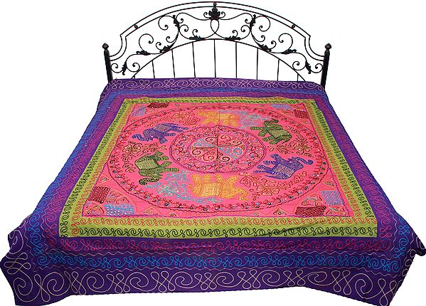 Imperial-Palace Gujarati Bedspread with Applique Elephants and Embroidered Sequins