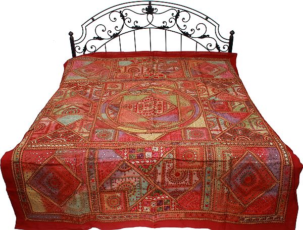 Garnet Bedspread from Gujarat with Embroidered Florals and Mirrors All Over