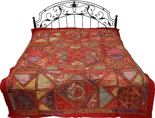 Burnt-Russet Kutch Patch Bedspread with All-Over Embroidery and Mirrors