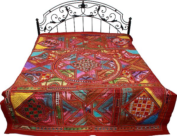 Tibetan-Red Bedspread from Gujarat with All-Over Embroidered Bootis and Mirrors