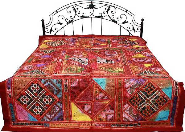 Brick-Red Bedspread from Gujarat with Embroidered Floral Kutch Patches and Mirrors