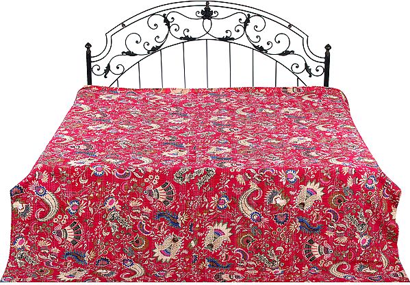 Bedcover from Gujarat with Printed Flowers and Kantha Stitch All-Over