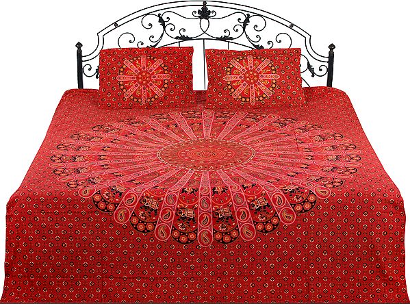 Bedspread from Jaipur with Printed Elephants and Floral Bootis All-Over