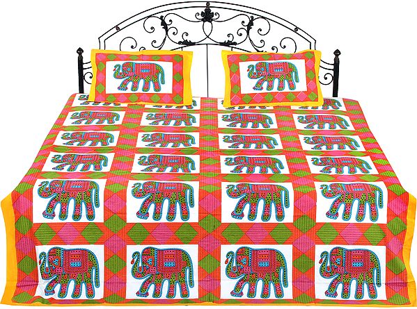 Ivory Bedspread From Jodhpur with Printed Multicolored Elephants All-Over