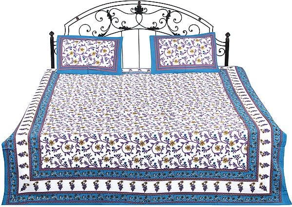 White Bedspread From Jaipur with Printed Multicolored Flowers All-Over