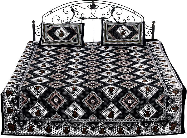 Bedspread from Jaipur with Printed Rhombus and Dancing Lady