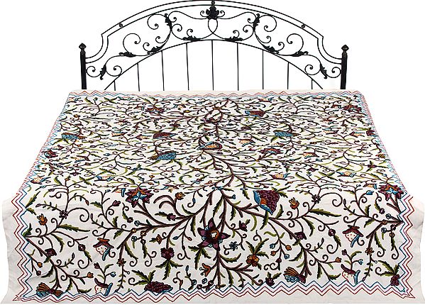 Off-White Bedspread from Kashmir with Ari-Embroidered Flowers in Multicolor Thread