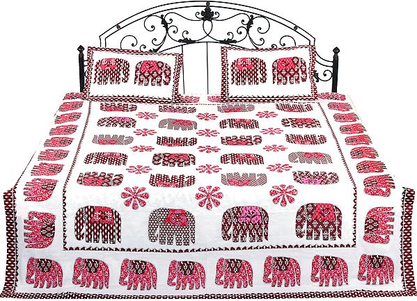 White Bedspread from Rajasthan with Printed Elephants and Flowers