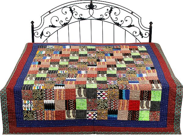 Multi-Color Reversible Bedspread From Gujarat with Patchwork and Kantha Stitch Embroidery