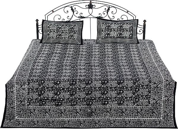 White and Black Bedspread from Pilkhuwa with Block-Printed Elephants and Flowers