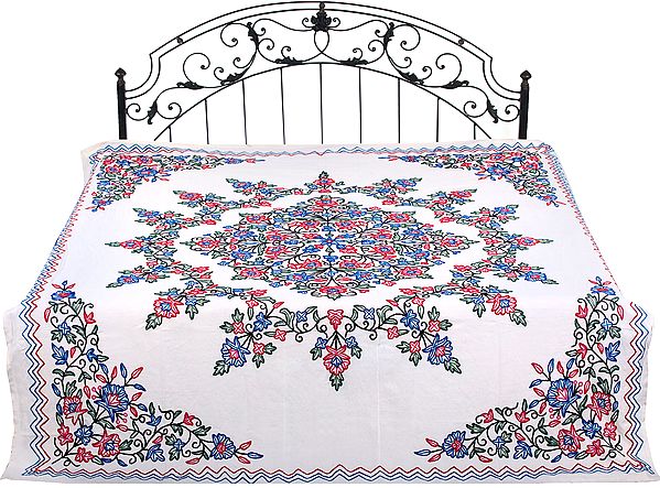 Off-White Bedspread from Kashmir with Ari-Embroidered Flowers In Multicolor Thread