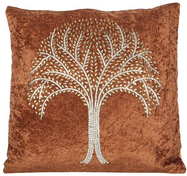 Cushion Cover with Crystals and Stones Embellished Tree