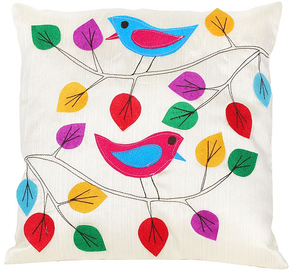 Italian-Straw Cushion Cover with Applique Birds and  Leaves