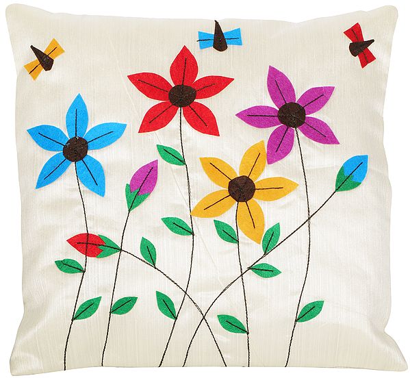 Ivory Cushion Cover with Applique Flowers and Bees