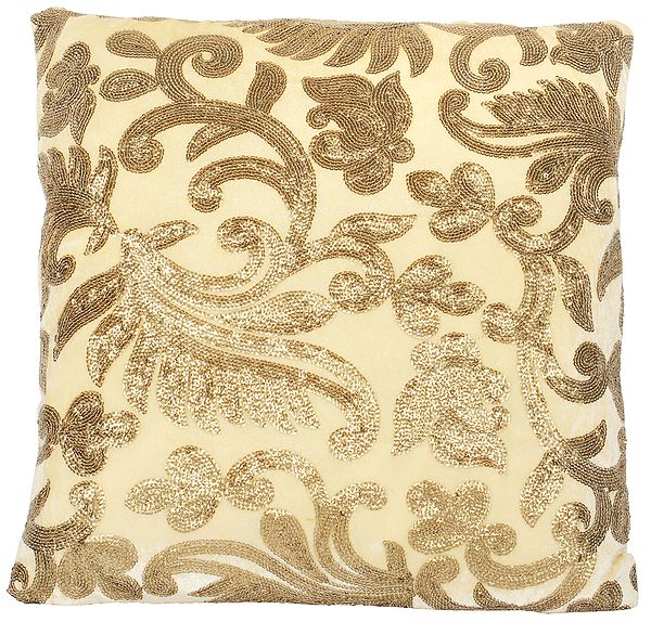 Cushion Cover with Sequins Embroidered Floral Motifs