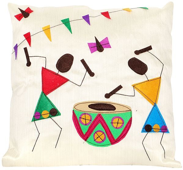 Banana-Crepe Cushion Cover with Applique Village Folks