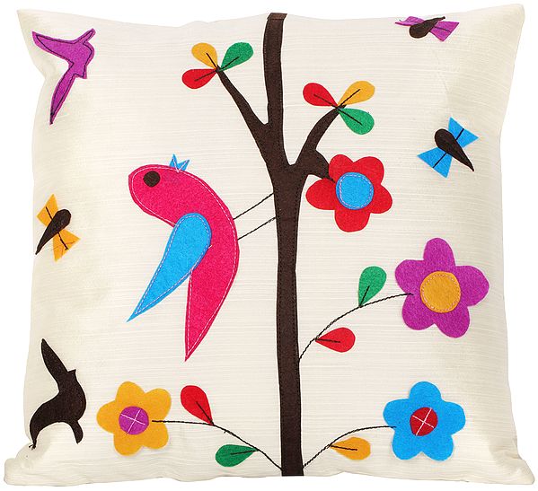 Banana-Cream Floral Cushion Cover with Applique Birds and Butterflies