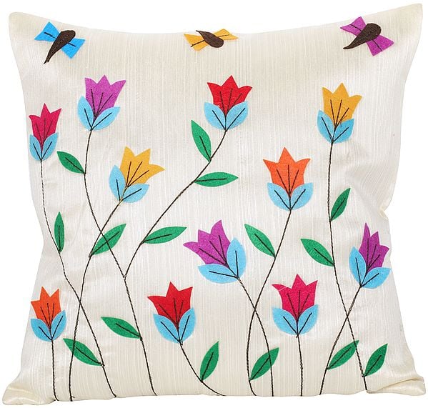 Vanilla-Cream Cushion Cover with Applique Flowers and Bees