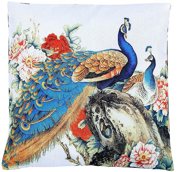 Snow-White Cushion Cover from Jaipur with Digital-Printed Peacocks
