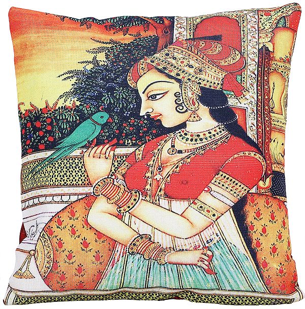 Ribbon-Red Cushion Cover with Digital-Printed Mughal Princess