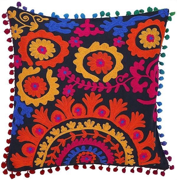 Jet-Black Cushion Cover with Multicolor Floral Ari Embroidery