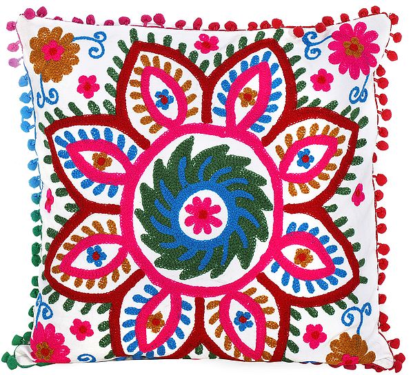 Lily-White Cushion Cover with Giant Multicolor Ari-Embroidered Flower