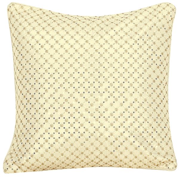 Cream Cushion Cover with Zari-Embroidry and Sequins
