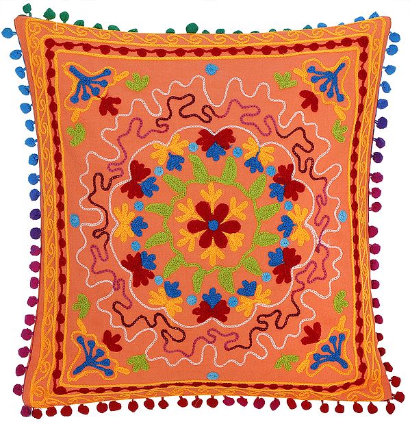 Melon Cushion Cover with Multicolor Ari-Embroidered Mandala