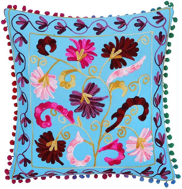 Cyan-Blue Cushion Cover with Ari-Emroidered Flowers in Mutlicolor Thread